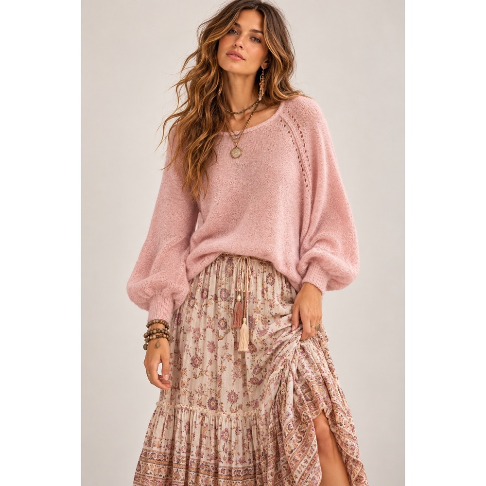 Band of Gypsies Pink Mohair Wool Blend Balloon Sleeve Pointelle Knit Sweater S